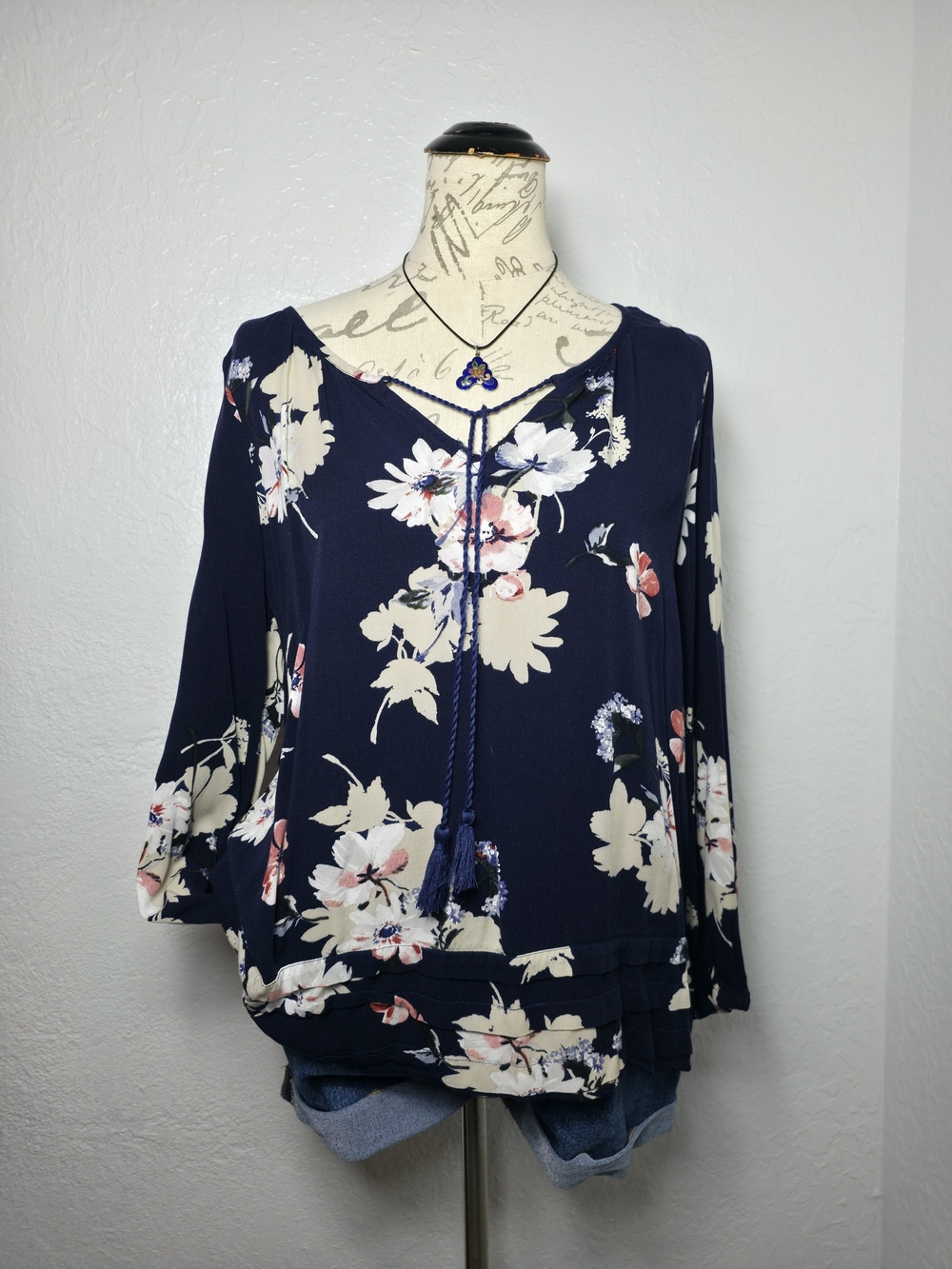 Navy Floral Tie-Neck Women’s Top